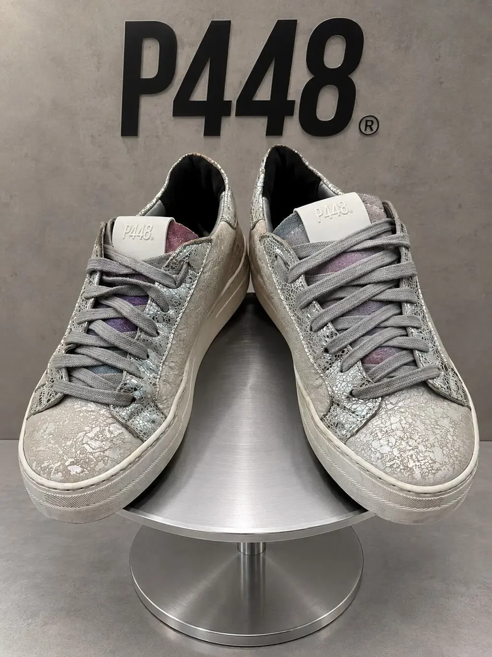 P448 Thea Metallic Silver Leather Platform Sneakers EU 37 US 6.5